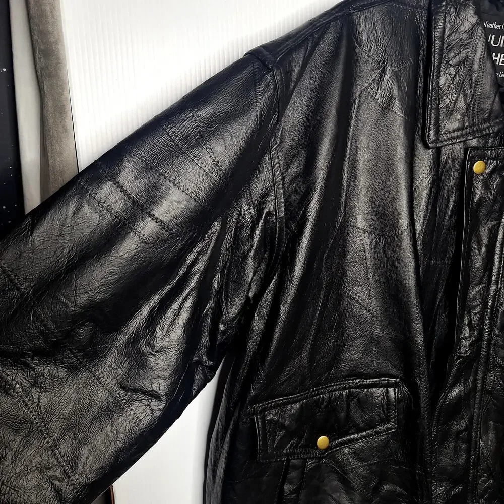 Vintage 90s Men's Leather Bomber Jacket Napoline Outfitters 2X Patchwork Black
